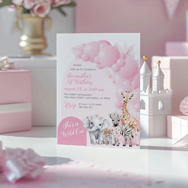 Invitation Safari animal Blush rose sauvage une fille Anniver (Créateur téléchargé)