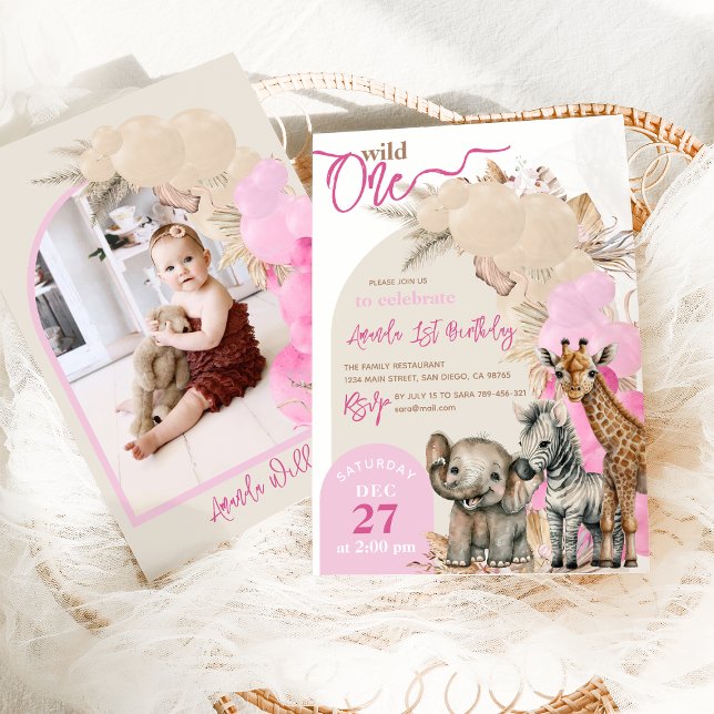 Invitation Safari animal Boho Balloon fille 1er anniversaire  (Créateur téléchargé)