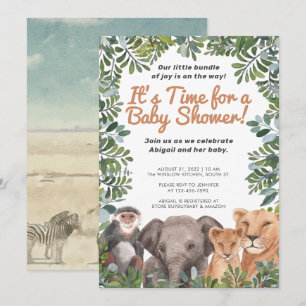 Invitation Safari animal, Eléphant, Baby shower vert singe