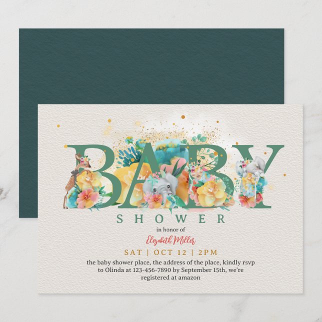 Invitation Safari Animal Elephant Giraffe Baby Girl Douche (Devant / Derrière)