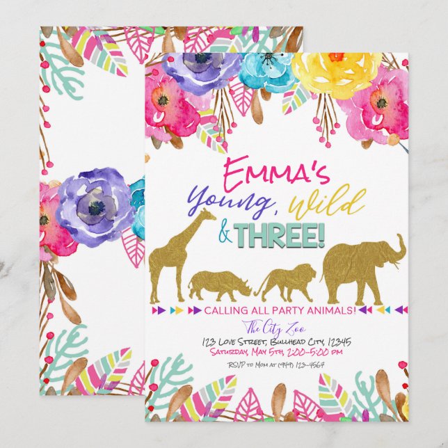 Invitation Safari Animal Jeune Wild & Trois Filles Anniversai (Devant / Derrière)