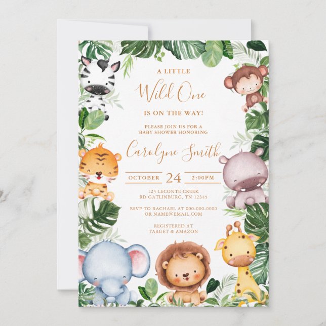 Invitation Safari Animal Tropical Baby shower de verdure (Devant)