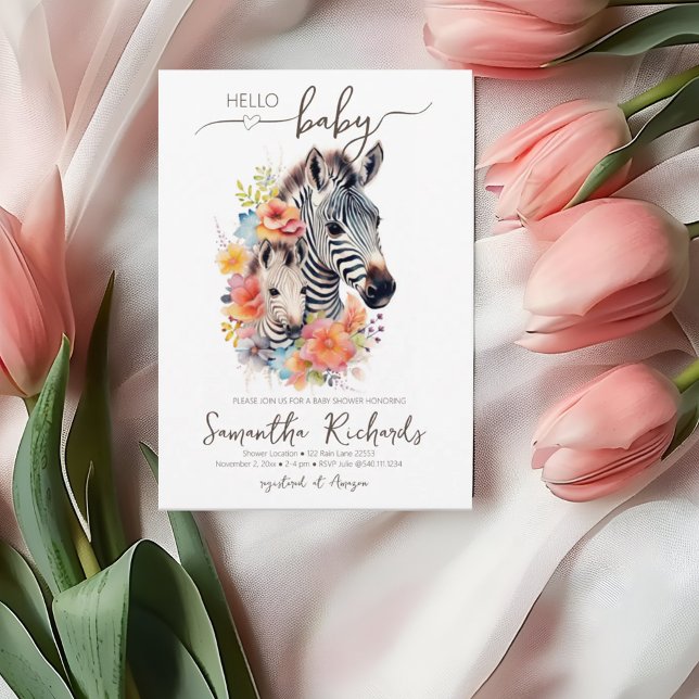 Invitation Safari Animal Zebra Baby shower floral (Safari Animal Zebra Floral Baby Shower Invitation)