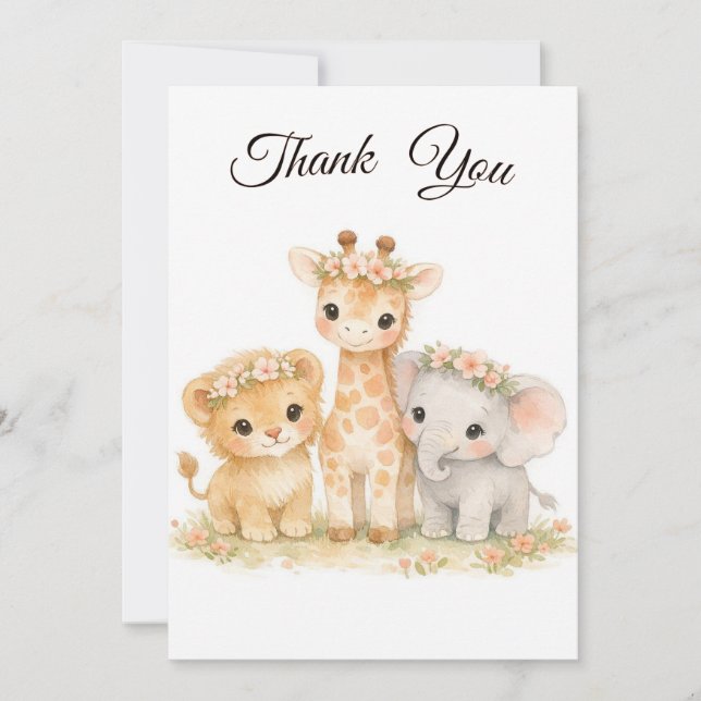 Invitation Safari Animals Lion Giraffe Elephant Pink Girl (Devant)