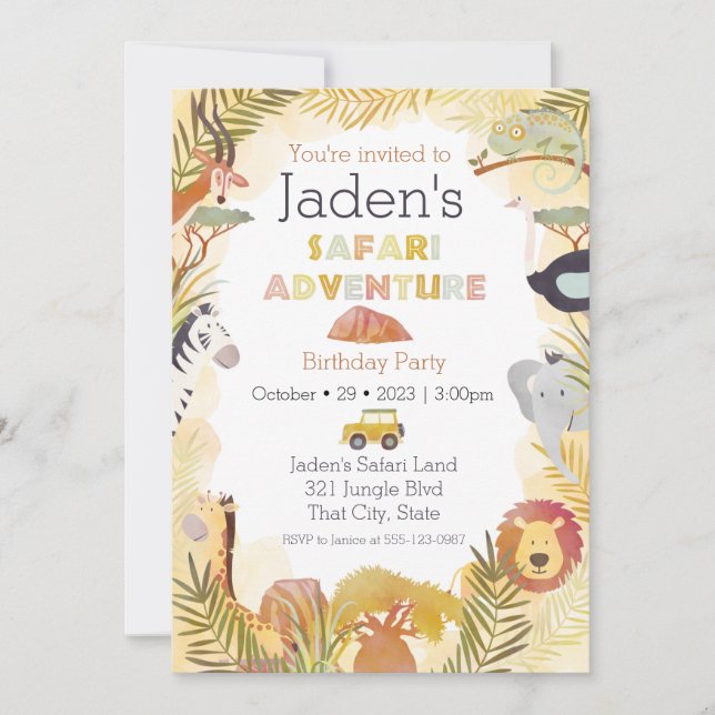 Invitation Safari Animaux Aquarelle fête d'anniversaire (Devant)