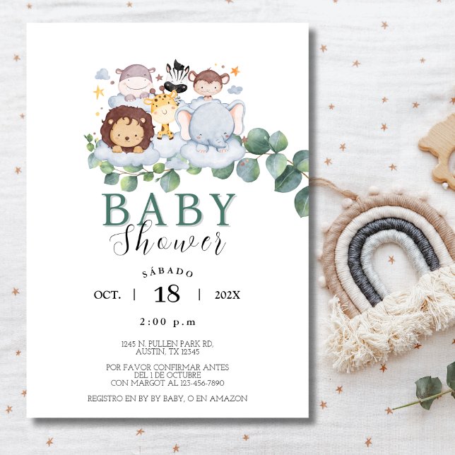 Invitation Safari Animaux Baby shower espagnol Jungle (Safari Animals Spanish Baby Shower Jungle Invitation)