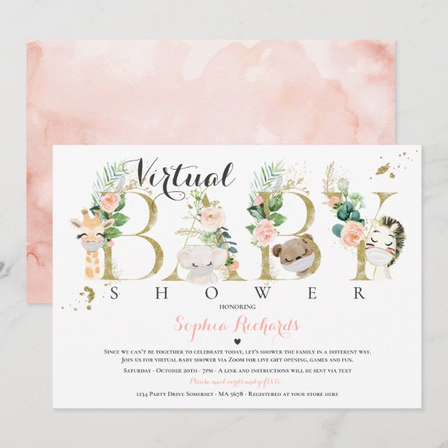Invitation Safari Animaux Baby shower virtuel Verdure Or (Devant / Derrière)
