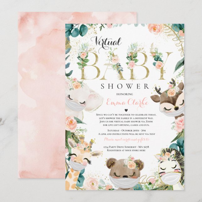Invitation Safari Animaux Baby shower virtuel Verdure Or (Devant / Derrière)