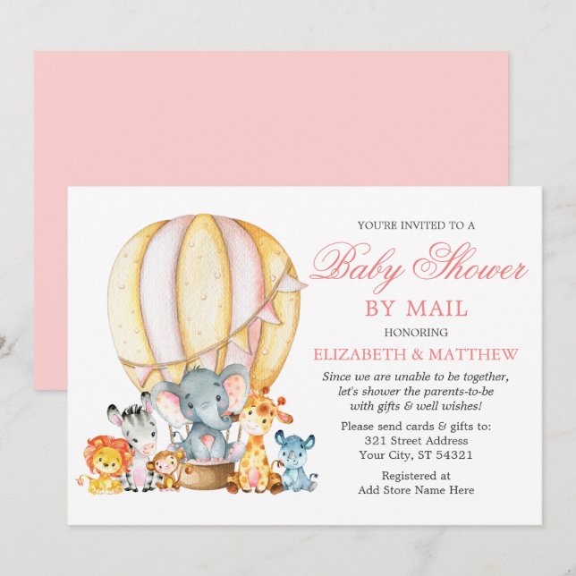 Invitation Safari Animaux Balloon Baby shower rose par la pos (Devant / Derrière)