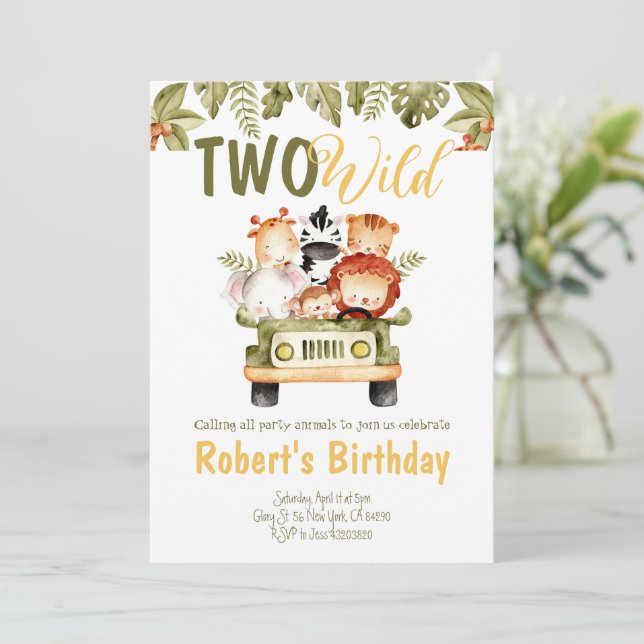 Invitation Safari animaux camion deux Wild Birthday Invitatio (Debout devant)
