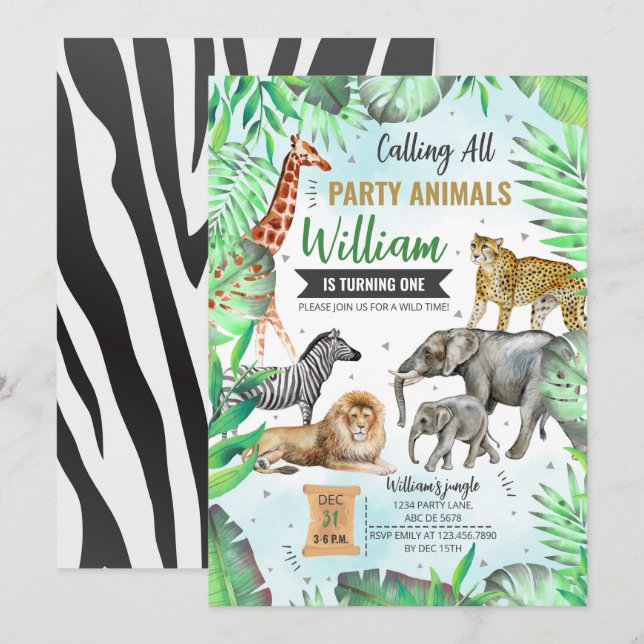 Invitation Safari Animaux de fête sauvage Anniversaire (Devant / Derrière)