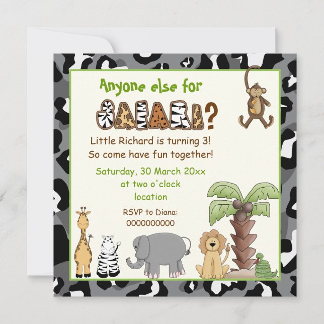 Invitation safari animaux de la jungle anniversaire de enfant (Devant)