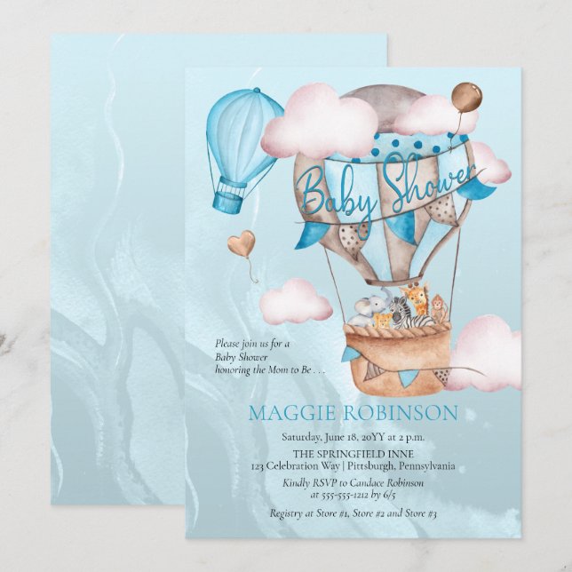 Invitation Safari Animaux et ballons Blue Boy Baby shower (Devant / Derrière)