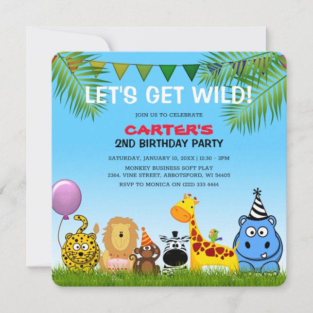 Invitation Safari Animaux Fête Anniversaire de enfant colorée (Devant)