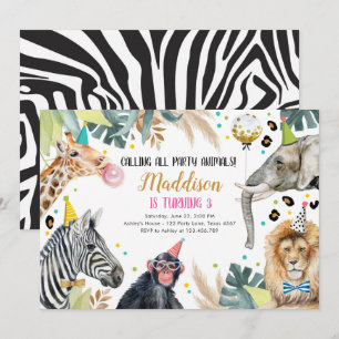 Invitation Safari Animaux Fête Fille Or rose Anniversaire