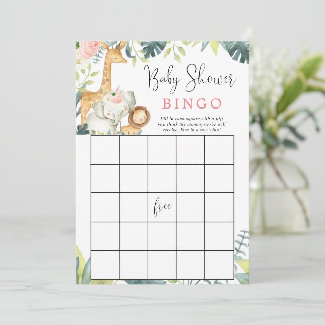 Invitation Safari animaux fille baby shower bingo jeu (Debout devant)