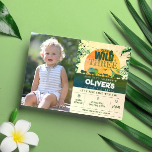Invitation Safari Animaux Green Young Wild & 3 Photo Annivers