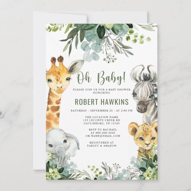 Invitation Safari Animaux Oh Baby Green Jungle Baby shower (Devant)