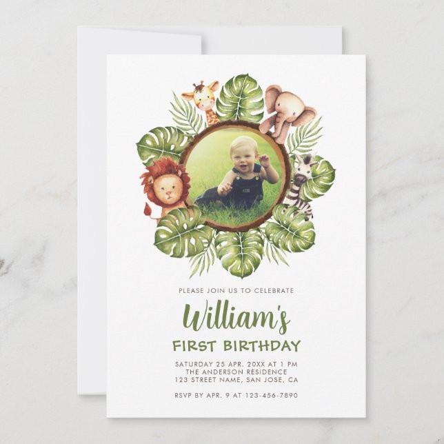 Invitation Safari Animaux Photo Jungle Green 1er anniversaire (Devant)
