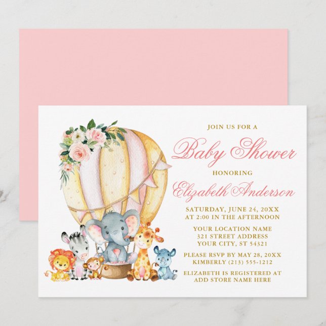 Invitation Safari Animaux Rose Floral Air Baby shower (Devant / Derrière)