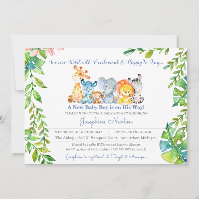 Invitation Safari Animaux sauvages Jungle Boy Baby shower Inv (Devant)