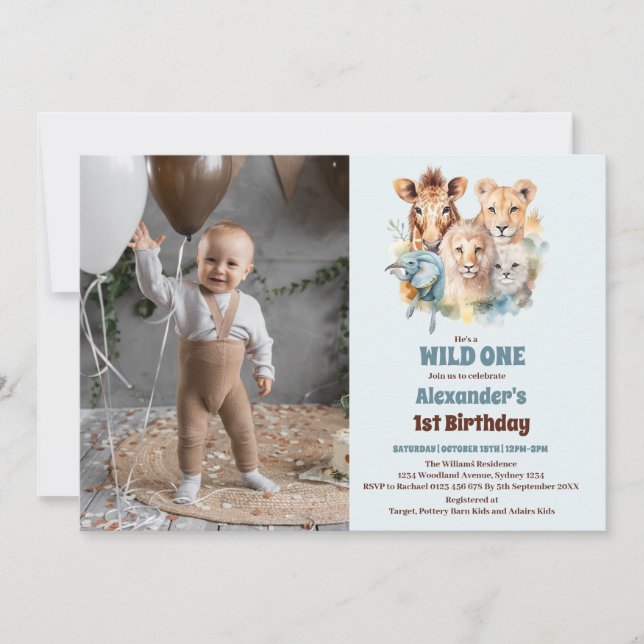 Invitation Safari Animaux sauvages Un 1er anniversaire (Devant)