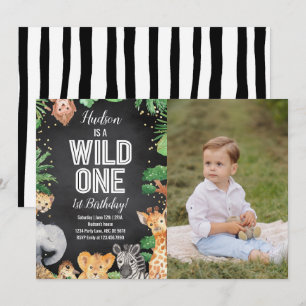 Invitation Safari Animaux sauvages Un Anniversaire Photo Noir
