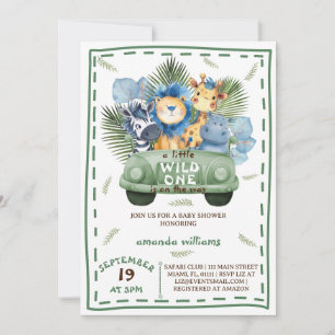 Invitation Safari Animaux Verdure Baby shower automobile