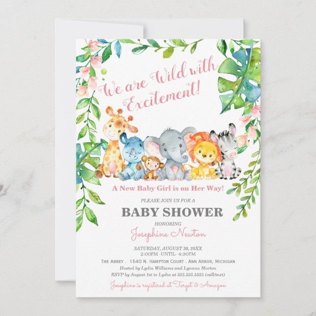 Invitation Safari Animaux Wild Jungle Girl Baby shower (Devant)