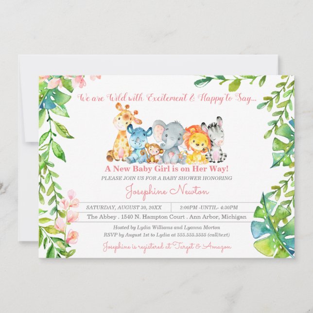 Invitation Safari Animaux Wild Jungle Girl Baby shower (Devant)