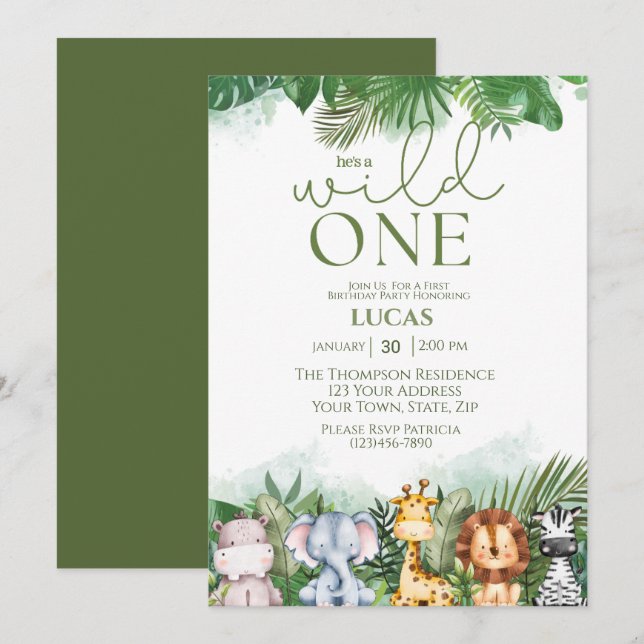 Invitation Safari Animaux Wild One Boys Premier Anniversaire (Devant / Derrière)
