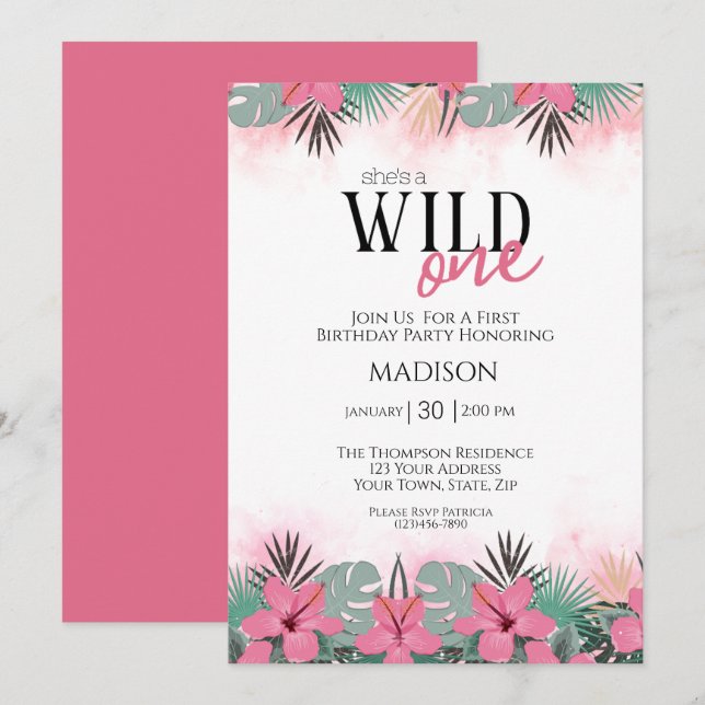 Invitation Safari Animaux Wild One Girls Premier anniversaire (Devant / Derrière)