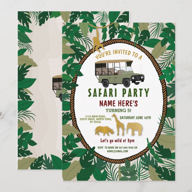 Invitation Safari Anniversaire Animaux Fête Camion sauvage Ju (Devant / Derrière)