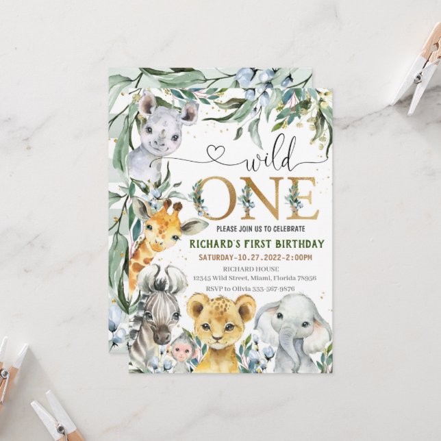 Invitation Safari Anniversaire Invitation, Wild One BOY Party (Devant/Arrière en situation)