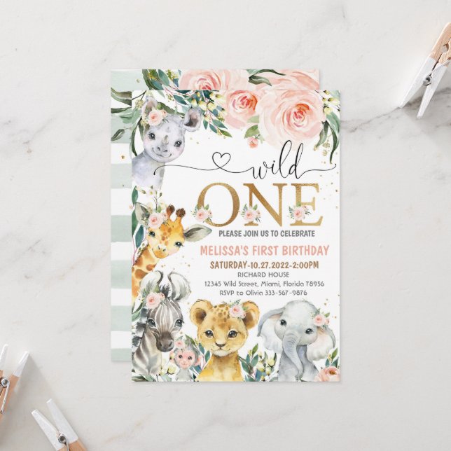 Invitation Safari Anniversaire Invitation, Wild One Girl Part (Devant/Arrière en situation)