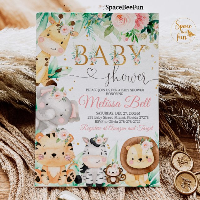Invitation Safari Baby shower Girl Wild Jungle animal (Créateur téléchargé)