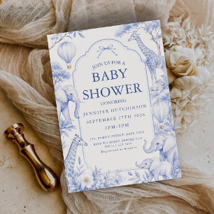 Invitation Safari Bleu Élégant Toile de Jouy pour Baby Shower