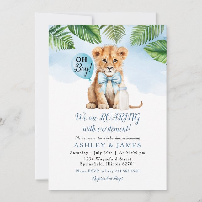 Invitation Safari Boy Lion cravate de Baby shower de verdure  (Devant)