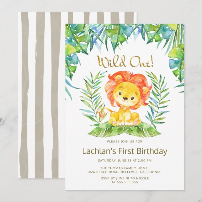 Invitation Safari Cute Lion Wild Un 1er anniversaire (Devant / Derrière)