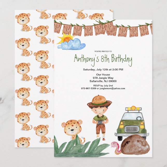 Invitation Safari de garçon avec la jeep dans l'anniversaire (Devant / Derrière)