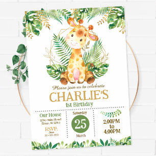 Invitation Safari de girafe mignon Fête jungle 1er anniversai