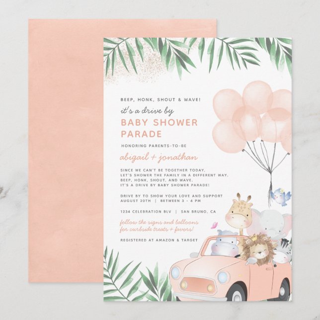 Invitation Safari De Voiture Rose Vive Animaux Par Baby showe (Devant / Derrière)