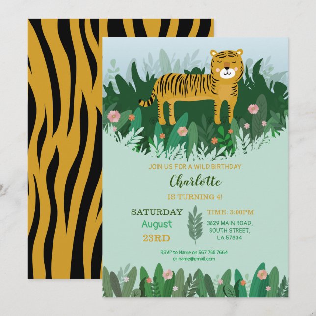 Invitation Safari de zoo d'anniversaire de tigre de jungle (Devant / Derrière)