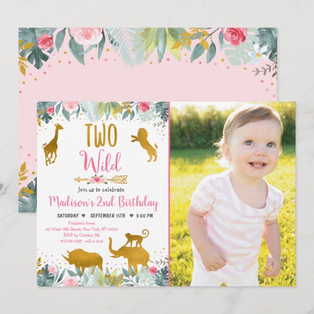 Invitation Safari deux Wild Rose Gold Green Anniversaire (Devant / Derrière)