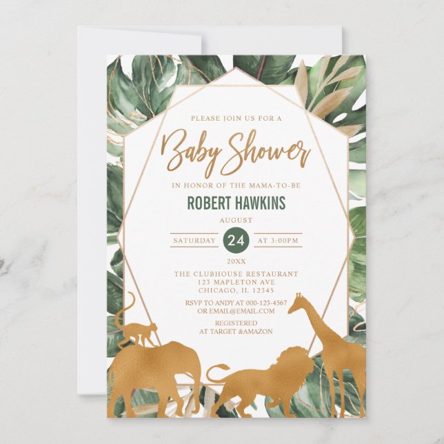 Invitation Safari d'or géométrique Animaux Jungle Baby shower (Devant)