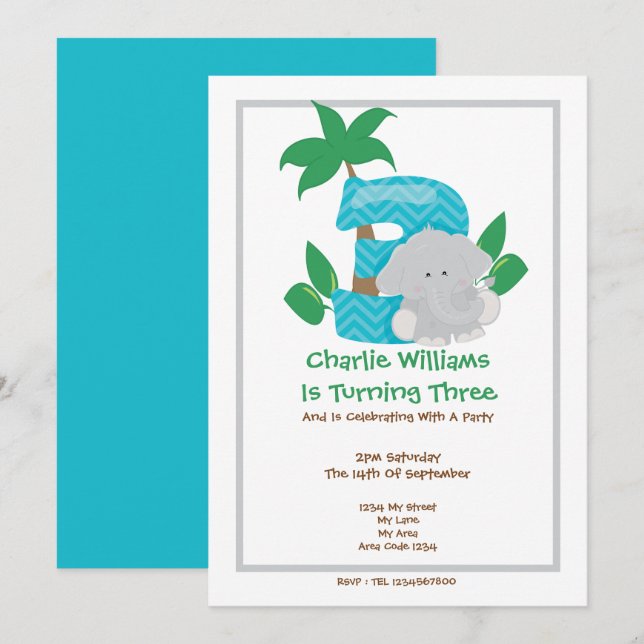 Invitation Safari Elephant Troisième fête d'anniversaire (Devant / Derrière)