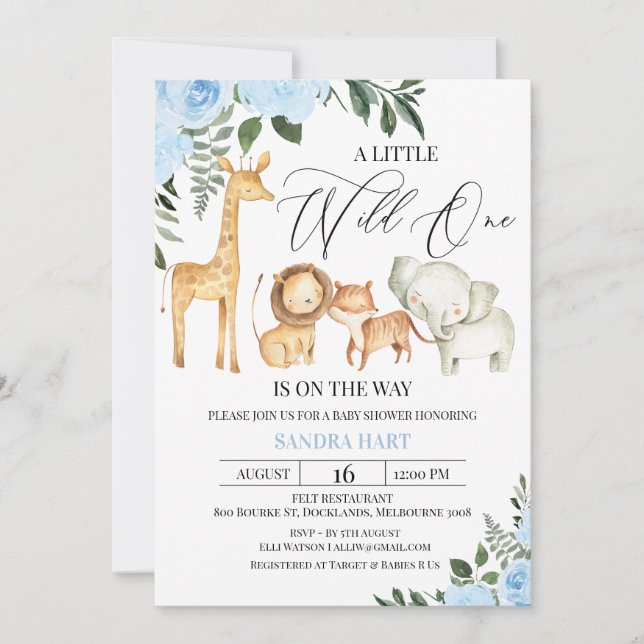 Invitation Safari floral bleu sauvage Un Baby shower (Devant)