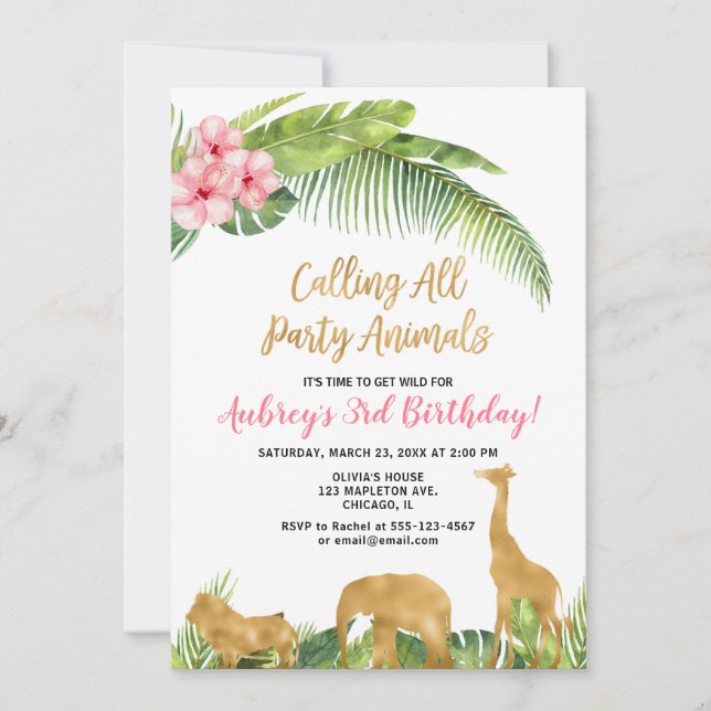 Invitation safari floral rose d'or rose animaux fille anniver (Devant)