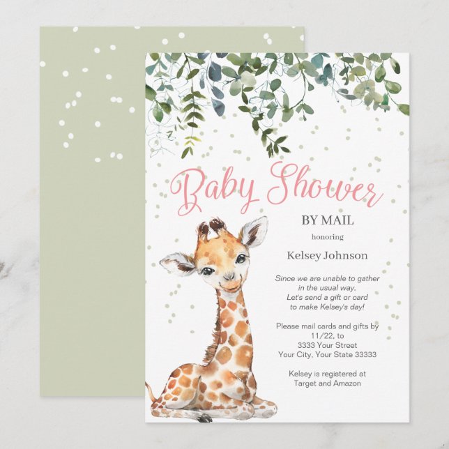 Invitation Safari Giraffe Rose Par Baby shower Mail (Devant / Derrière)