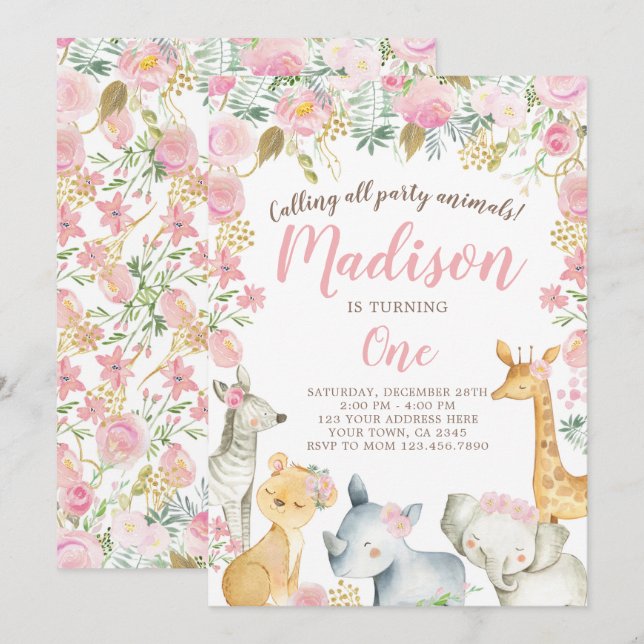 Invitation Safari Girl Birthday (Devant / Derrière)